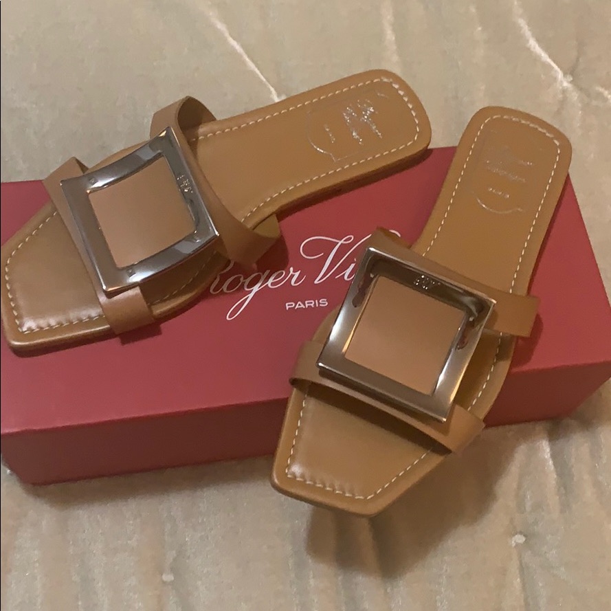 Roger Vivier Tan Leather Square-Buckle Slide Sandals